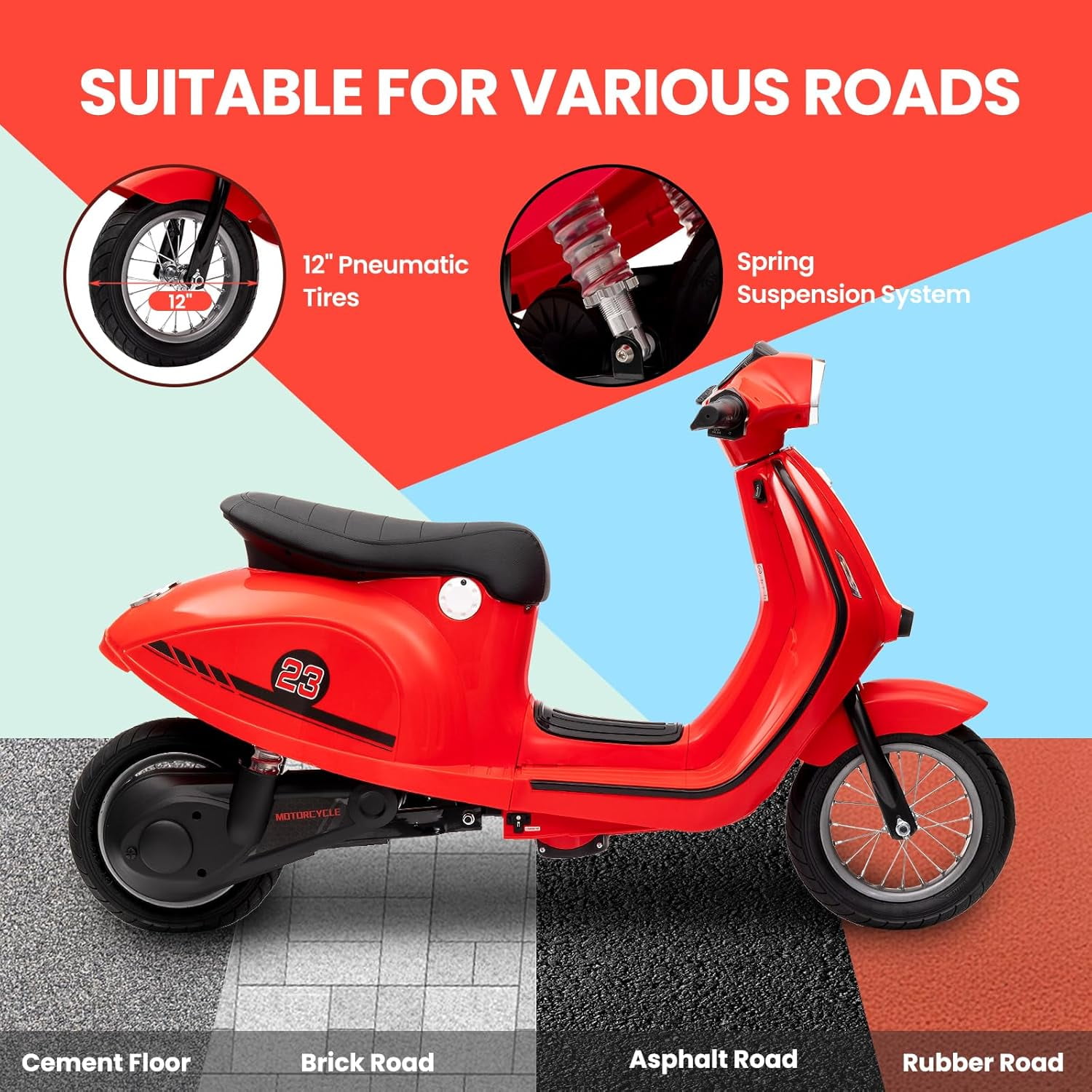 Trilenars 24V 350W Electric Moped Scooter for Kids, Kids Ride on Motorcycle, Max Up to 14MPH, with Rear Brake, Twist Grip Throttle & LED Light, Electric Motorbike for Teens 8-12,Red
