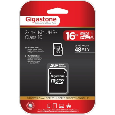 Gigastone GS-2IN1C1016G-R Class 10 UHS-1 microSDHC Card and SD Adapter with up to 48Mbps Transfer Rates, (Best Rated Sdhc Memory Cards)