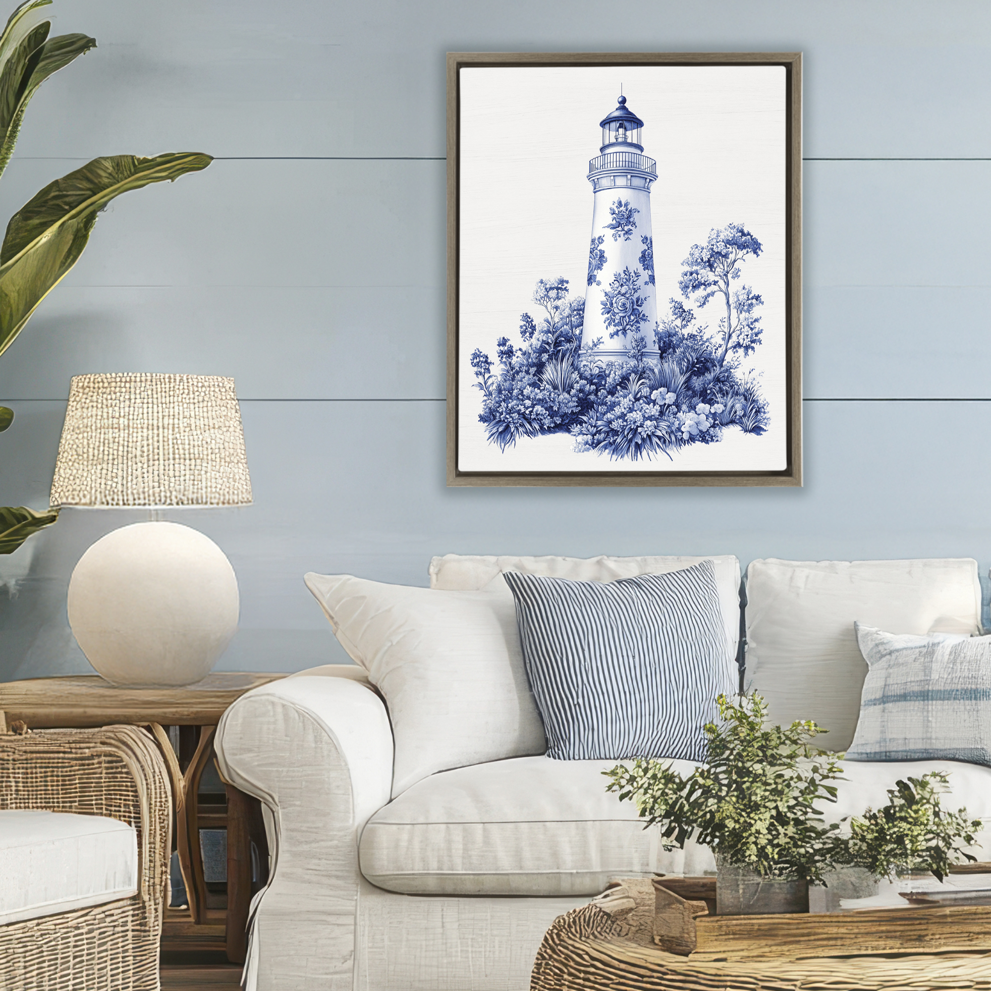 Toile Patterned Lighthouse Brown Framed Floater Canvas Wall Art, design by Lettered and Lined