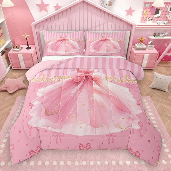 Homewish Dreamy Princess Dress 2pcs Bedding Comforter Set for Teens Kids Children Girls,Kawaii Pink Bow Twin Comforter Sets,Geometric Stripes Breathable Bedding Set,Lightweight Room Decor,Reversible