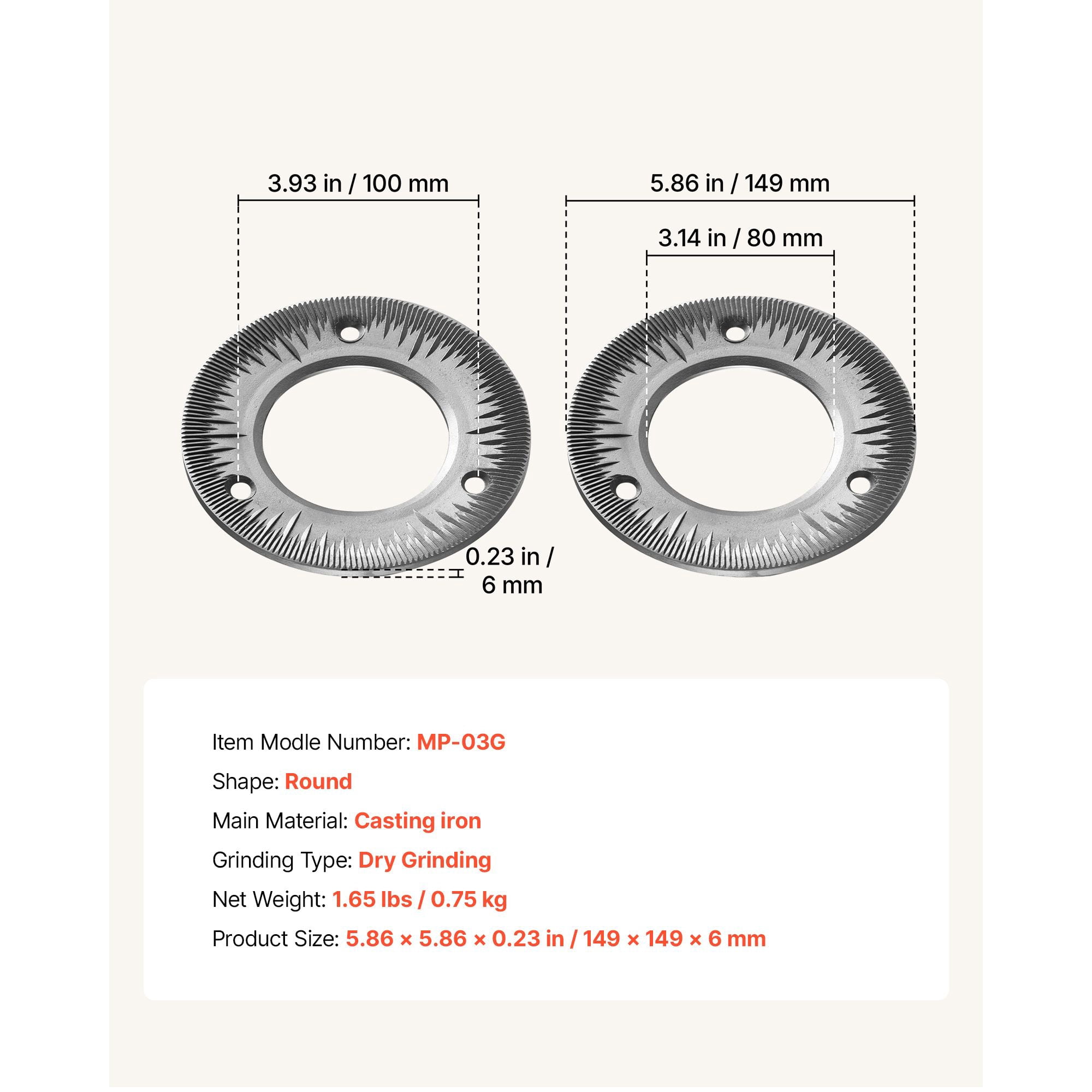Grinding Sheets for Electric Grain Mill, 2PCS Cast Iron Dry Grinding Discs, Compatible with HN-2200/HN-3000, 5.9 Inch Size for Grains, Corn, Coffee Beans