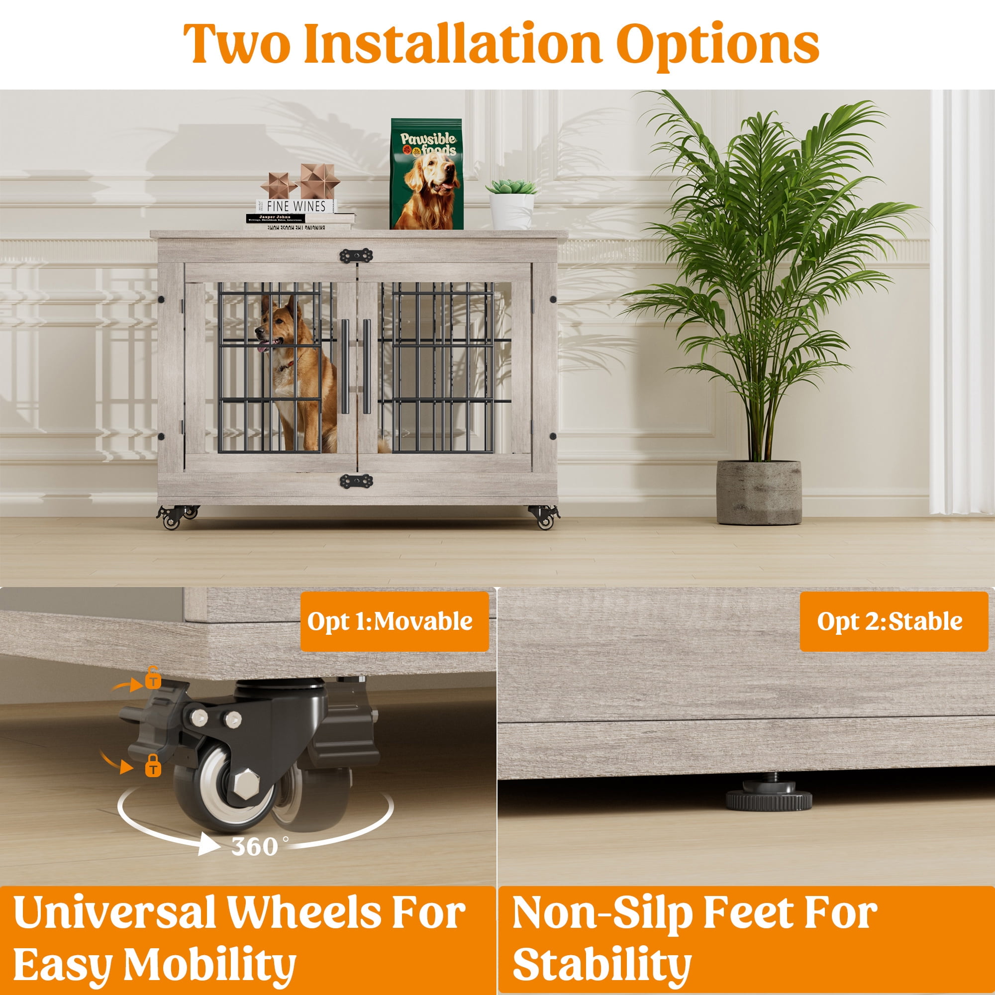 Aufeile Dog Crate Furniture with Wheels, 32 in Wooden End Table Dog Cage with 2 Doors and Removable Cushion, Indoor Pet Kennel for Medium Breeds, Gray