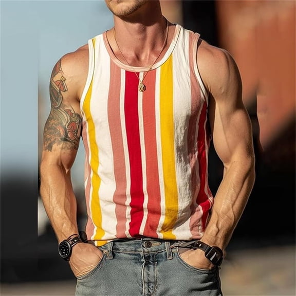 Mens Tank Tops Workout Summer Sleeveless Graphic Gym Classic Striped Breathable Comfortable Muscle Mens Undershirts Hot Pink L