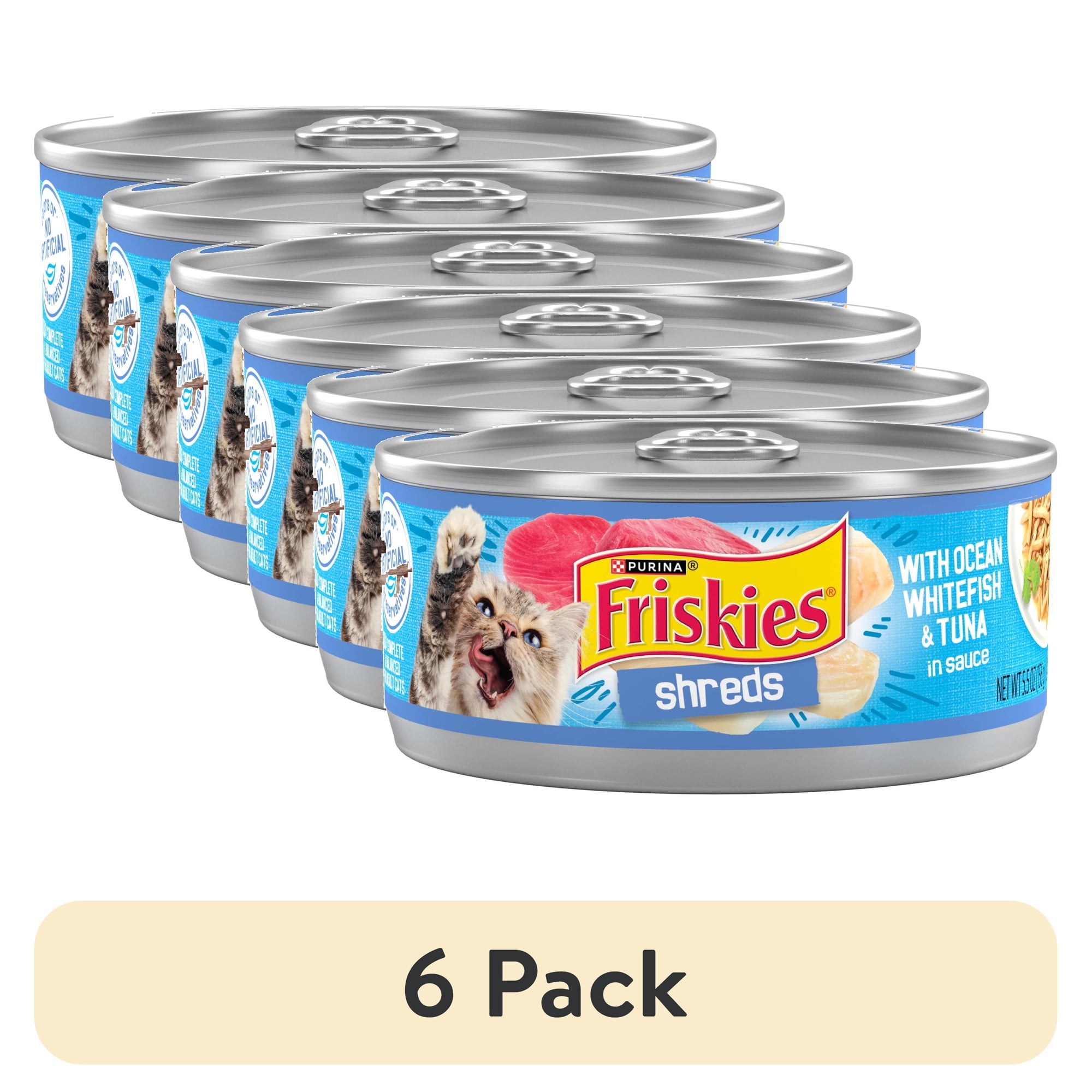(6 pack) Purina Friskies Shreds, Ocean Whitefish and Tuna in Sauce, Wet Cat Food, 5.5 oz Can, 24 Pack