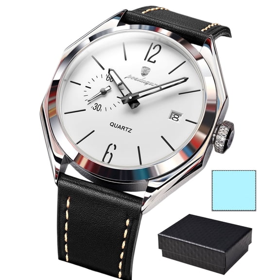 POEDAGAR Men Leather Quartz Watch Fashion Casual Luminous Date Wristwatch Water Resistant Luminous Hands Male Daily Business Clock