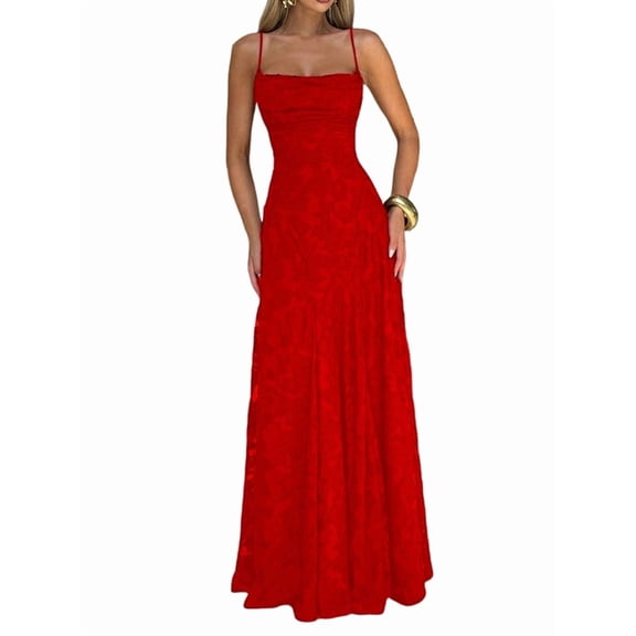Women'S Maxi Dresses Wedding Guest Dress A-Line Long Square Neck Backless Sling for Beach Red XS