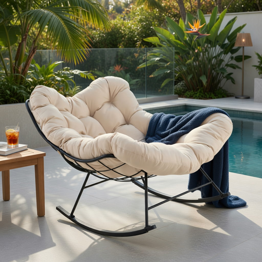 Hommoo Oversized Egg Papasan Rocking Chair with Thick Padded Cushion & Black Powder-Coated Metal Frame, Indoor/Outdoor Patio, Porch, Poolside Seating, Beige