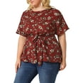 thumbnail image 4 of MODA NOVA Juniors Plus Size Ruffle Short Sleeve Chiffon Floral Tops Burgundy 1X, 4 of 6