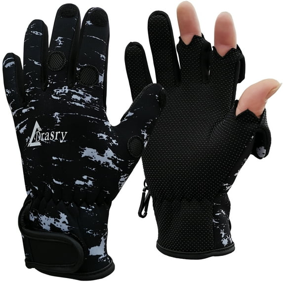 Drasry Neoprene Gloves Touchscreen 3 Cut Fingers Warm Cold Man Woman Winter Fishing Glove Black L