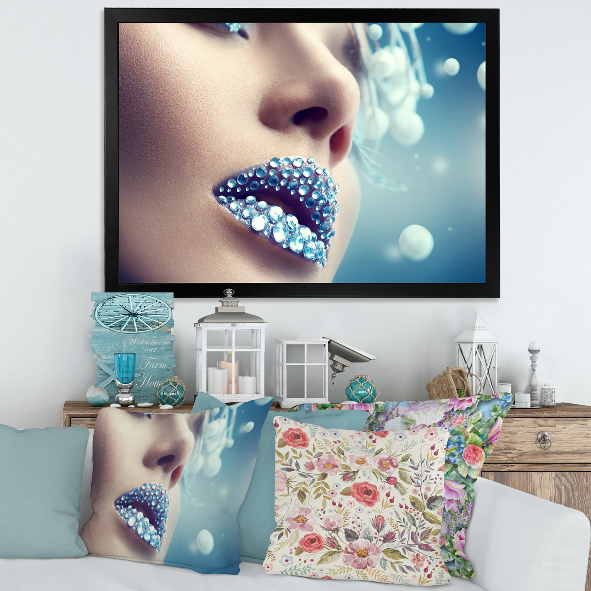 Designart 'Close-Up Of Gems On Female Lips' Modern Framed Art Print