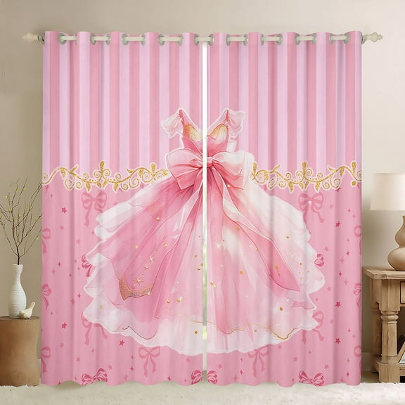 Homewish Dreamy Princess Dress Black Out Curtains for Teens Kids Children Girls,Kawaii Pink Bow Curtains Pack of 2 (42x63 Each),Geometric Stripes Bedroom Curtains,Lightweight Room Decor