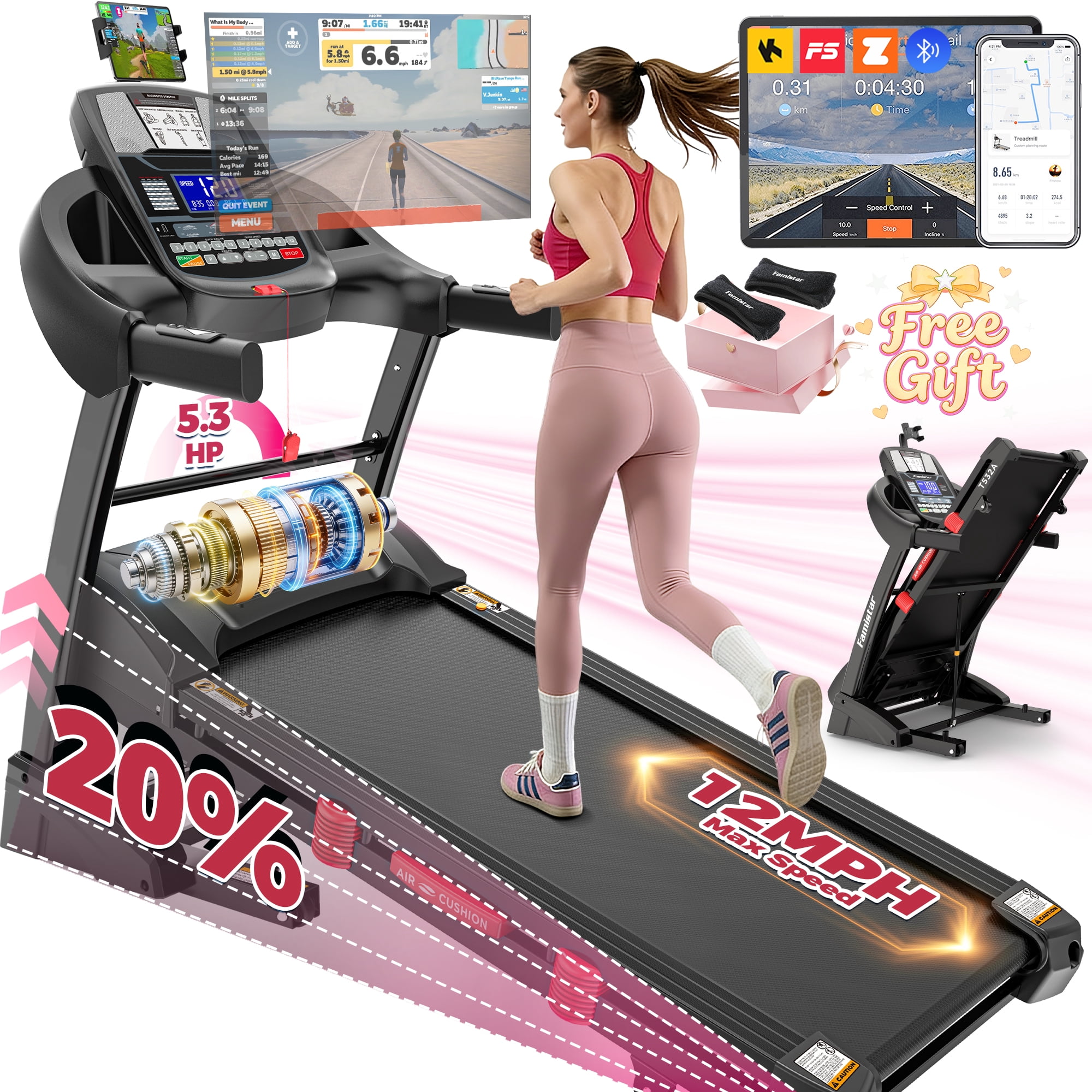 5.3 HP Folding Treadmill with 20-Level Adjustable Incline, 12mph Speed Running Machine,Treadmill 300 lb Capacity, Silent Brushless Motor,71 Preset Training Program Electric Treadmills for Home Use
