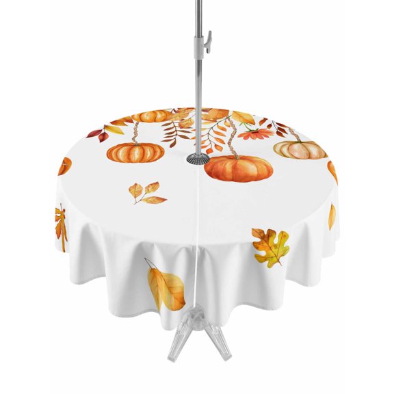 Outdoor Tablecloth with Umbrella Hole and Zipper, Thanksgiving Fall Pumpkins Round Table Cloth 54 Inch Waterproof Tablecloth, Orange Maple Leaf Autumn Picnic Table Cover for Patio Camping