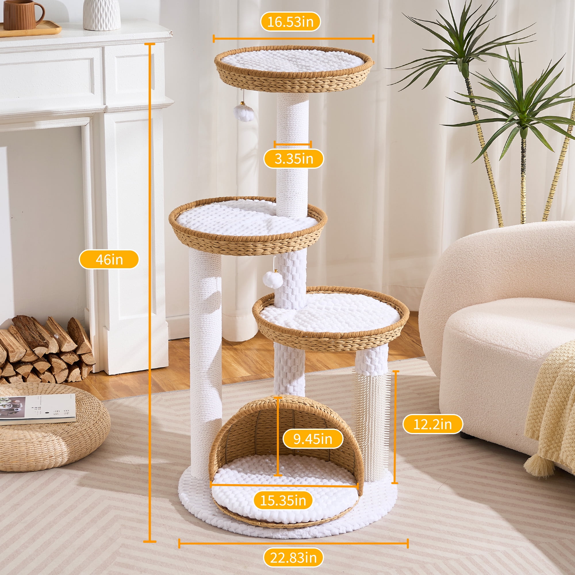 HITTITE Modern Cat Tree Tower with Scratching Post, 46 Inches Tall Cat Towers with Woven Cat Nests and Cave, Removable Cushions and Massage Brush for Indoor Cats Large Adult.