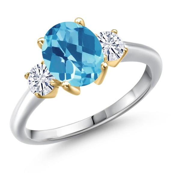 Gem Stone King 925 Silver and 10K Yellow Gold Swiss Blue Topaz and White Moissanite Engagement Ring for Women | 2.71 Cttw | Oval Checkerboard 9X7MM | Gemstone November Birthstone | Size 8