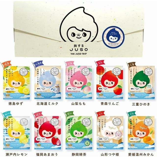 Paquete de regalo de sal de baño japonesa con 10 aromas Juso Travel Pack (leche Yuzu melocotón Hinoki manzana limón fresa té verde arroz mandarín)