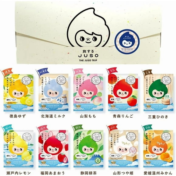 Paquete de regalo de sal de baño japonesa con 10 aromas Juso Travel Pack (leche Yuzu melocotón Hinoki manzana limón fresa té verde arroz mandarín)