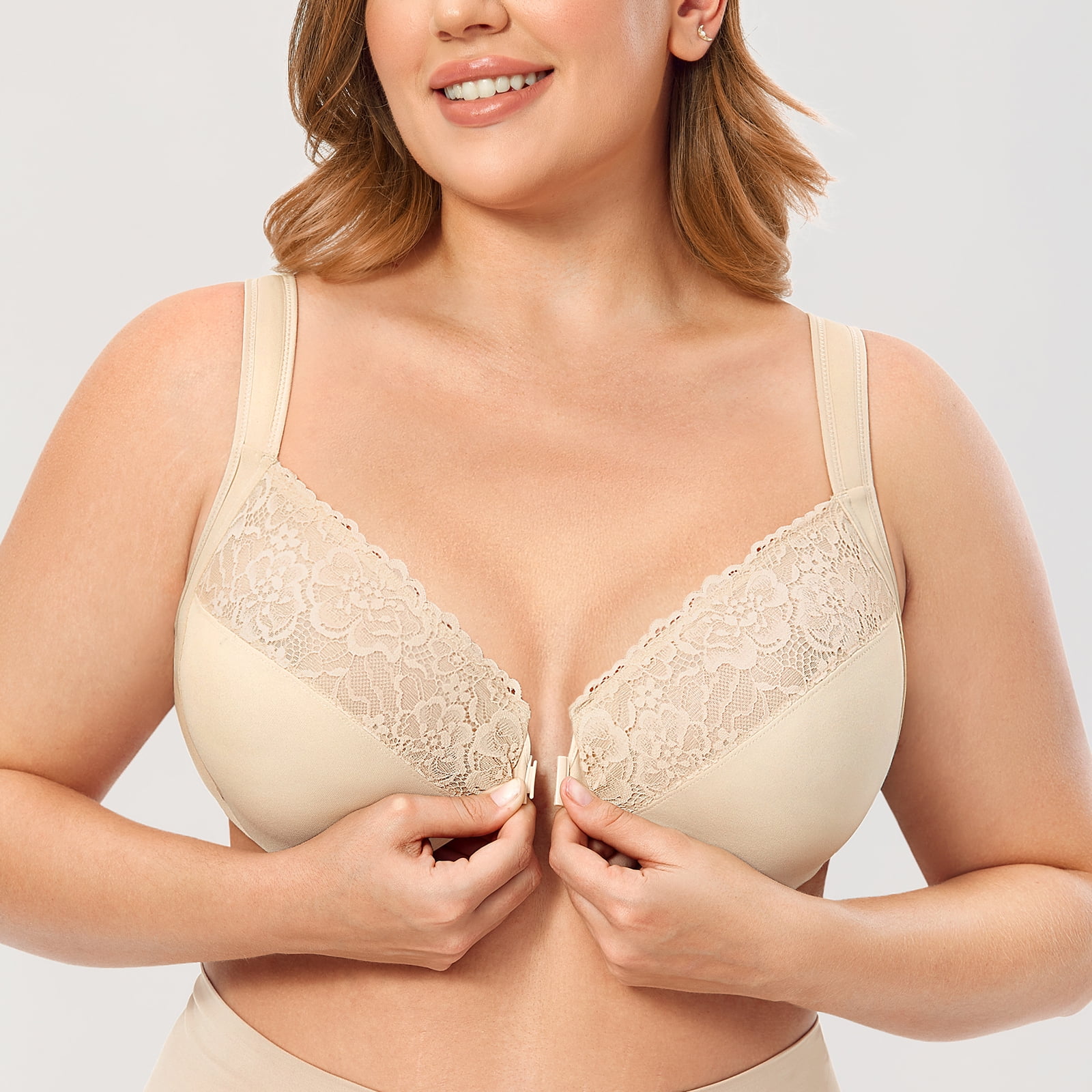 DELIMIRA Women's Front Closure Bras Plus Size Full Coverage Underwire Unlined Lace Bra