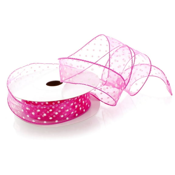 1 1/2" Wired Sheer w/ White Flocked Polka Dots Fuchsia Pink 25yds
