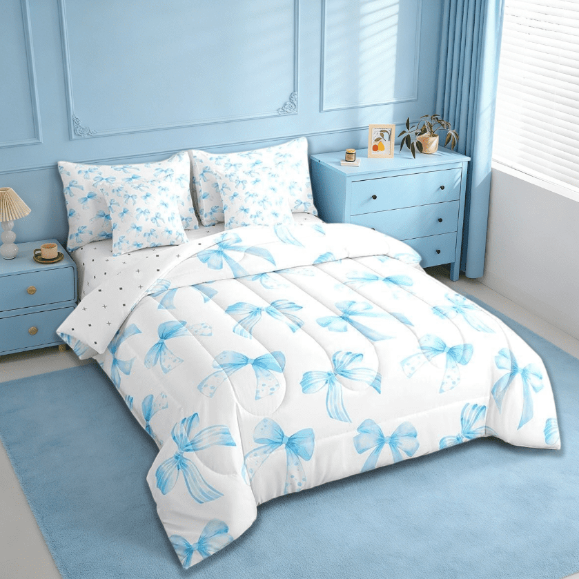 Manfei Sky Blue Bow 7 Pieces Bedding Comforter Set For Kids Girls,Cute Dreamy Princess Style Full Bedding Set Bow Pattern Comforter Reversible