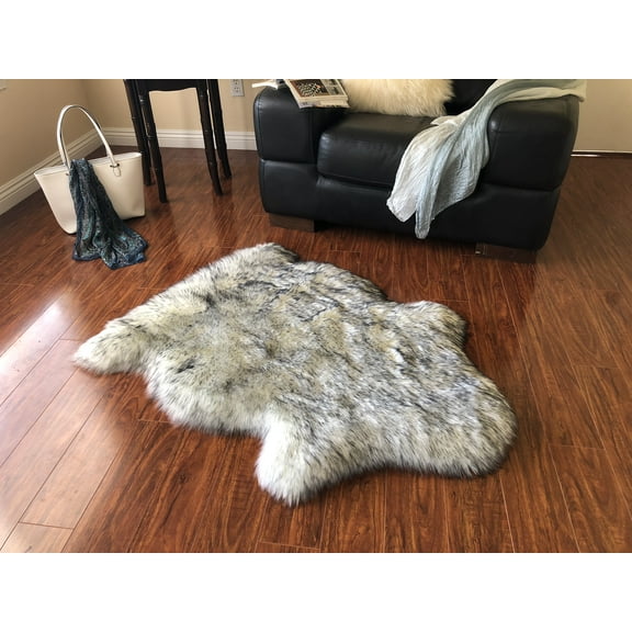 Soho Luxurious Faux Sheepskin Pelt White with Black Tips Shag Area Rug or Runner