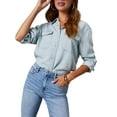 thumbnail image 3 of Women Denim Shirts Button Down Blouse V Neck Casual Tops Light Blue L, 3 of 9