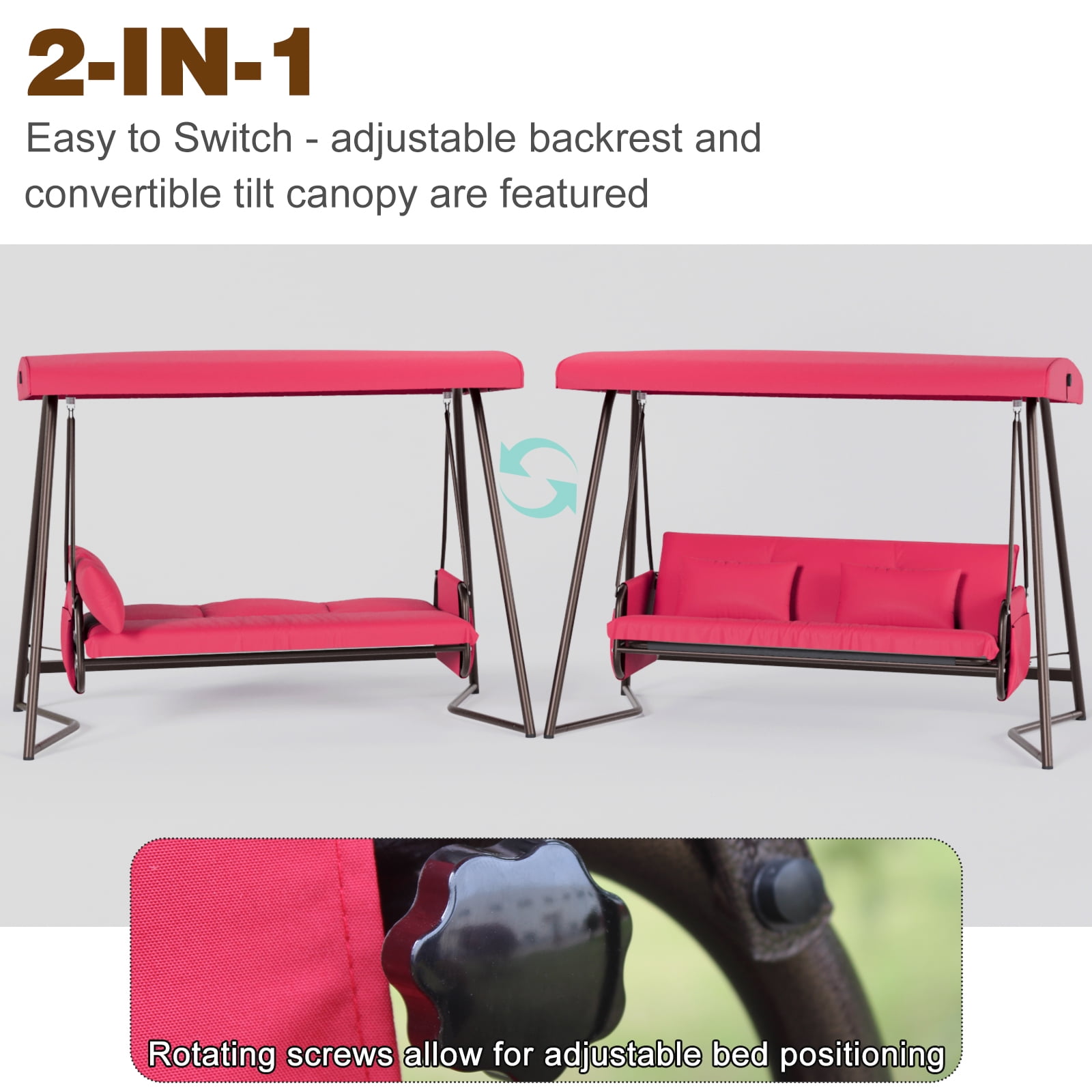 Outdoor Patio 3-Seater Metal Swing Chair with Adjustable Canopy & Thick Cushion, 600 lb Capacity Hanging Swing Bed for Garden Backyard Porch Deck, Red