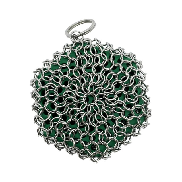 Limpiador de hierro fundido, cepillo para platos de acero, cepillo para fregar con cadena y inserto de silicona para Verde