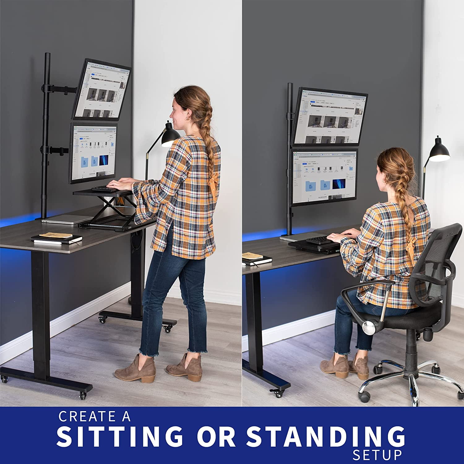 Tall Vertically Stacked Dual Monitor Desk Mount Stand with 39 inch Stand- Pole, Fully Adjustable Extended Arms, Fits 2 Screens  to 27 inches, STAND-V012T