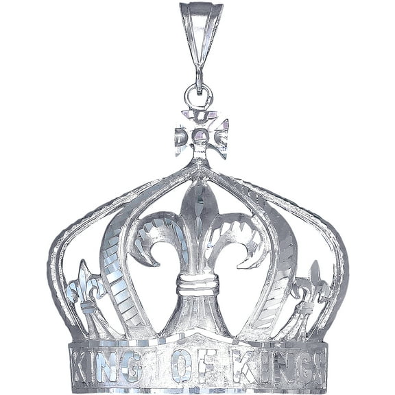 Huge Heavy Sterling Silver King Crown Charm Pendant Necklace 22 Grams 2.9 Inches with Diamond Cut Finish and 24 Inch Figaro Chain