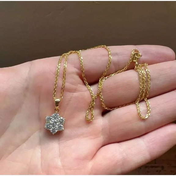 1Ct Real Moissanite Flower Cluster Pendant Necklace 14K Yellow Gold Plated Silver