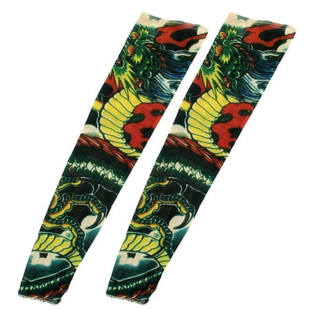 New Tribal Dragon Temporary Tattoo Unique Bargains 2PCS Dragon Pattern Green Red Stretchy Christmas Stocking Fake Tattoo Arm Sleeve ()