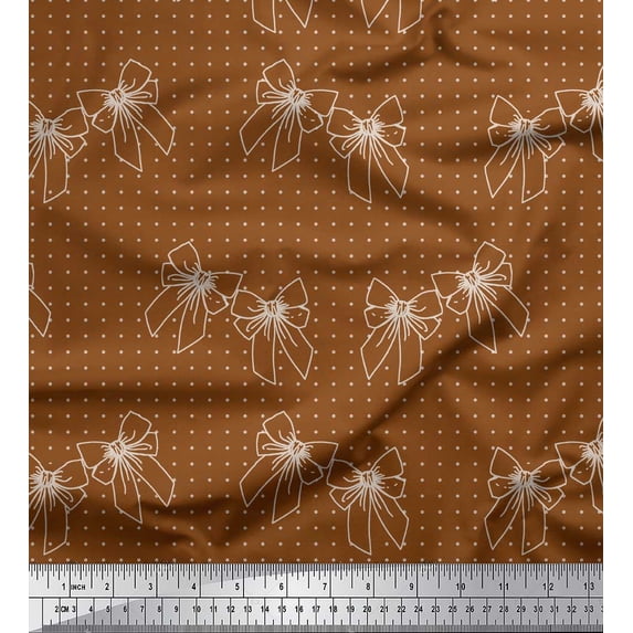 Soimoi Brown Rayon Fabric Bow & Dots Print Fabric by Yard 42 Inch Wide
