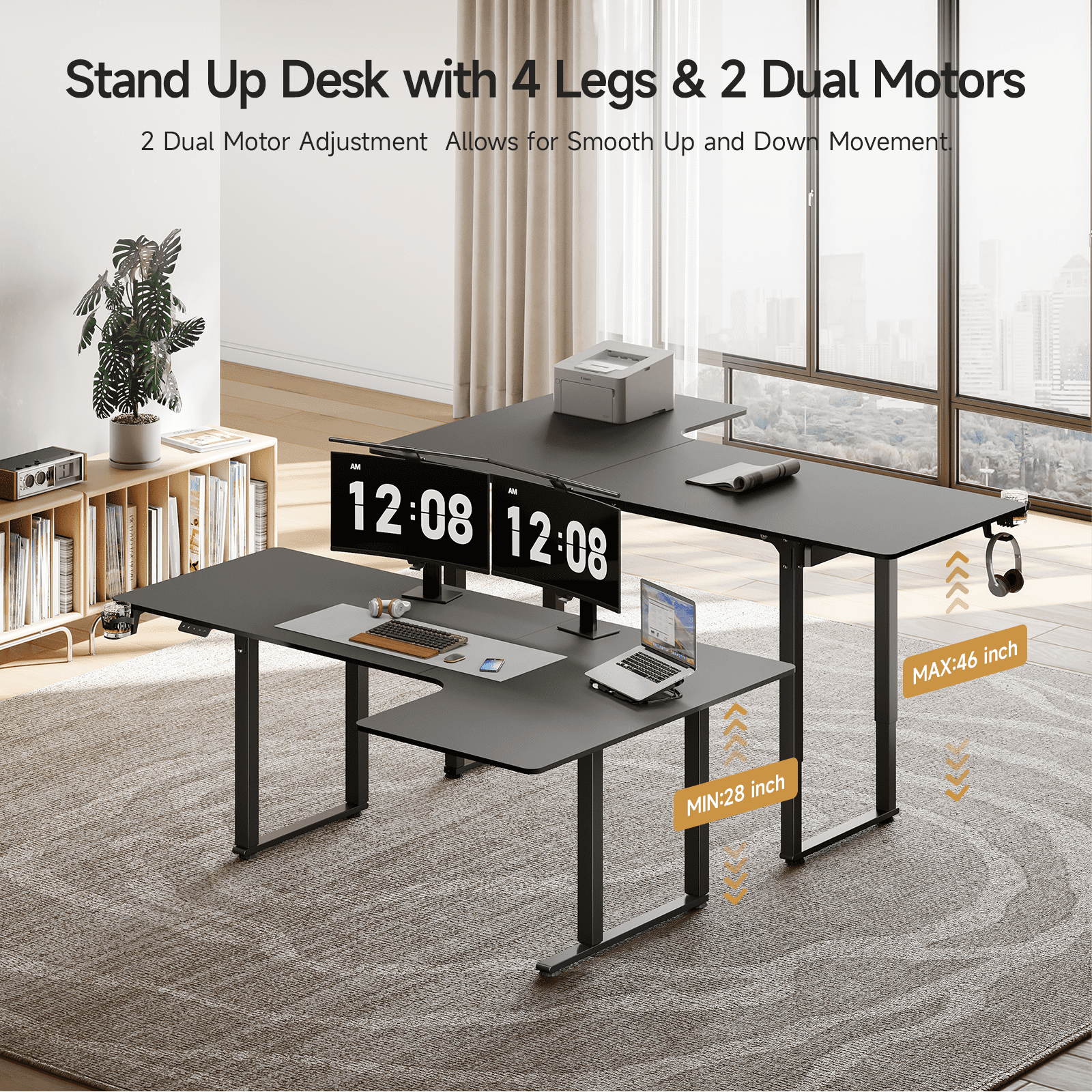 71x43 Inches L Shaped Standing Desk,  Electric L Stand Up Desk with 4 Legs, Adjustable Height from 28-46 Inches for Home and Office, Black