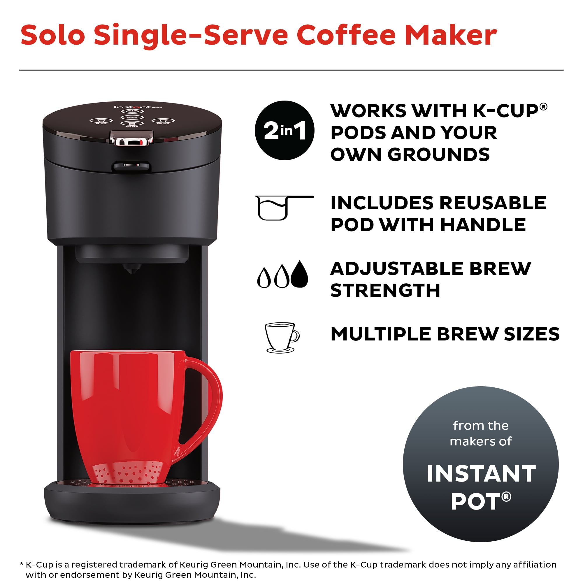Instant Solo 2-in-1 Single Serve Coffee Maker for Ground Coffee or K-Cup  Pods with 3 Brew Sizes, Black 
