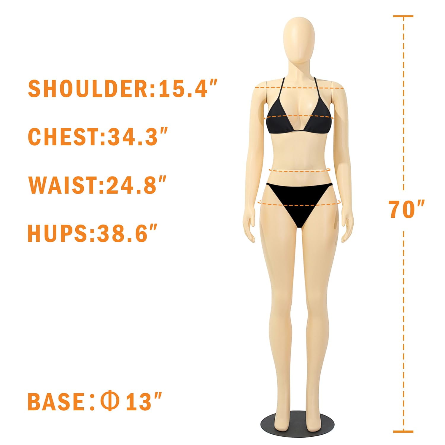 70" Full Body Female Mannequin, Lifelike Human Body Model, Brazilian Style Display Mannequin with Adjustable Arms - Removable Torso Stand - Metal Base for Sewing Fashion Showroom or Retail