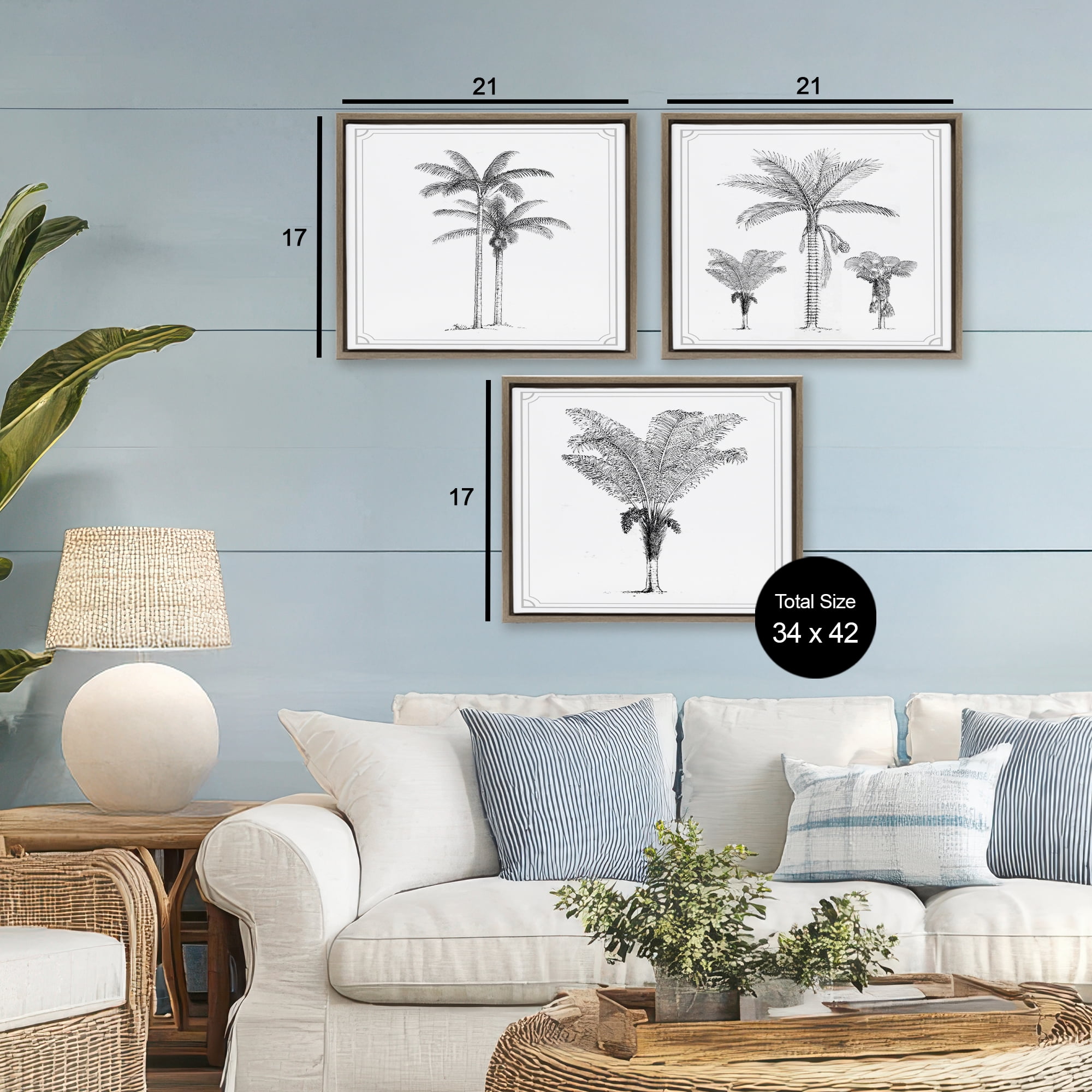 Minimal Vintage Palm Tree Sketches 3 Piece Brown Framed Floater Canvas Set, design by Lettered and Lined
