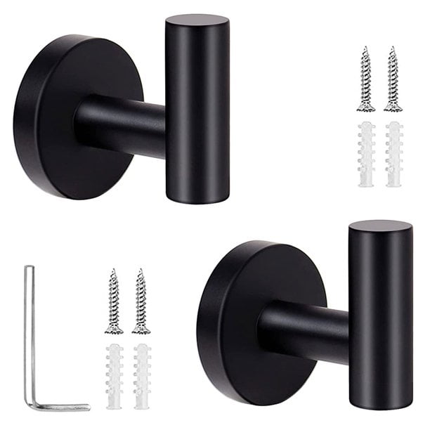 Towel Hooks, 2 Pack Matte Black Robe Hooks, Heavy Duty Door Hanger Towel Robe Clothes Cabinet Closet Sponges Hook for Bathroom Kitchen Garage (Perforated Type)