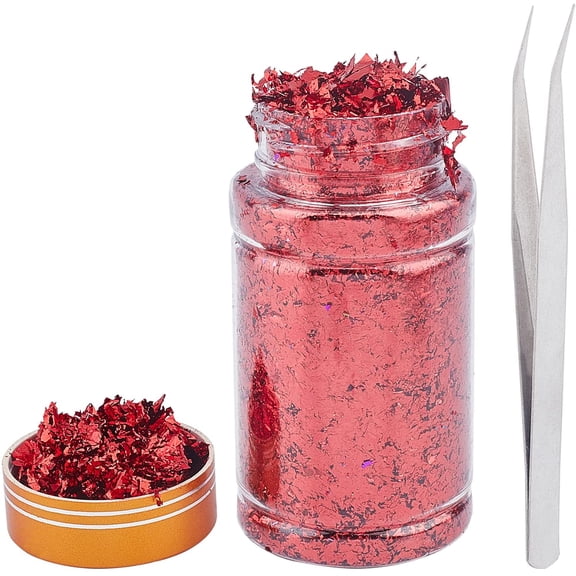 Gold Foil Flakes Metallic Gilding Flakes Metal Gold Leaf with Tweezers for Nail Art Decoration Painting Crafts Resin Jewelry Making（Red） Red DIY