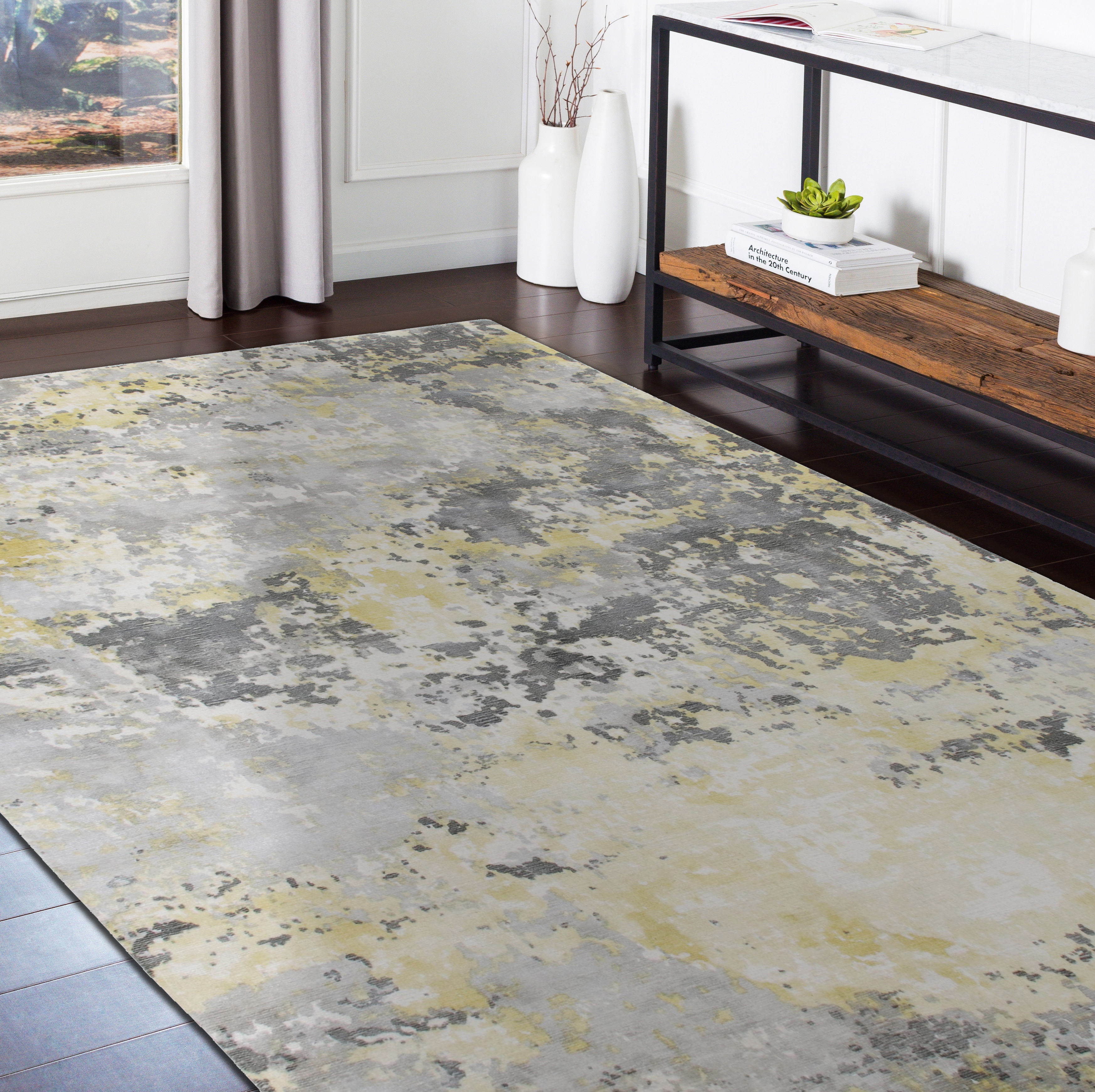 Ox Bay Hand Loomed Modern Abstract Light Area Rug, Gray / Yellow, 9' x 12'