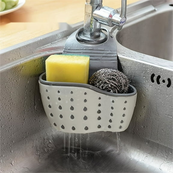 Adjustable Beige Sink Caddy Organizer – Hanging Sponge & Soap Holder with Drain Holes, Flexible Wheat Straw Plastic Basket for Kitchen, Bathroom & Laundry Use
