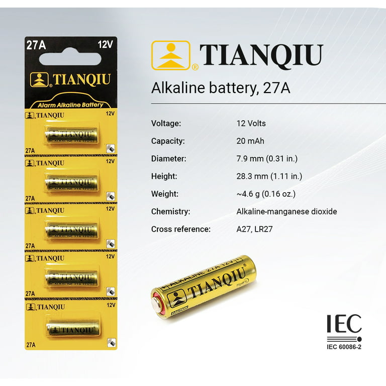 Tianqiu A27 12V Alkaline Battery, Tearstrip (2 Batteries)