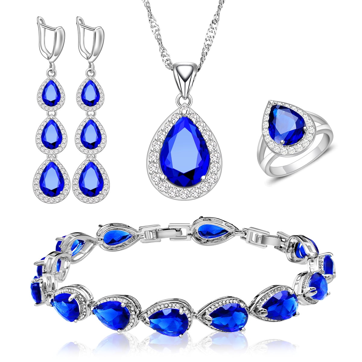 LMXXVJ Necklace Long Earrings Bracelet Ring Set, White Gold Plated