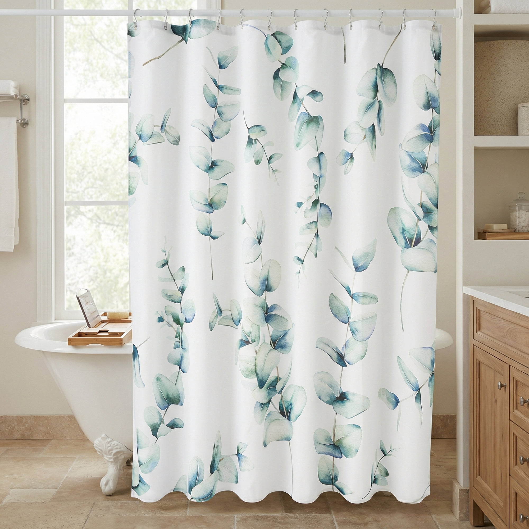 Unique Bargains Waterproof Leaf Shower Curtain Sets Hooks Green Pattern 3 71"W x 71"L