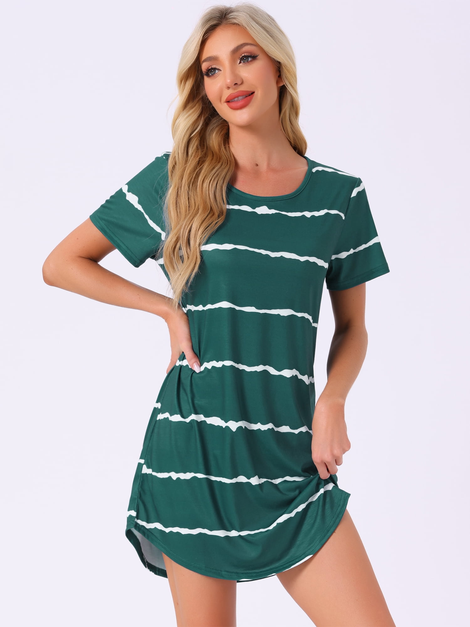 DARING DIVA Women's Round Neck Striped Short Sleeve Sleepshirt Nightgown 2XL Blue Green