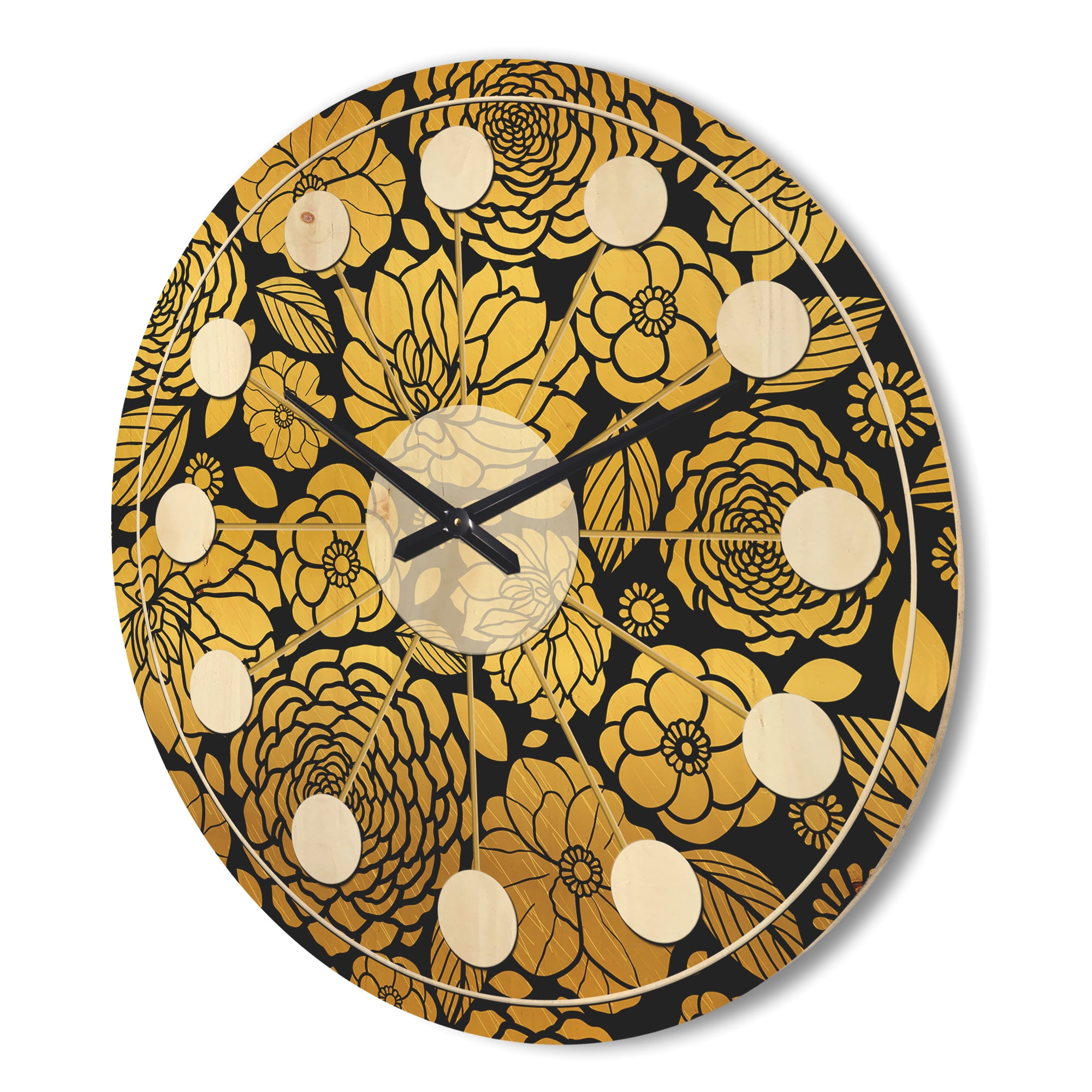 Designart 'Golden Floral Retro II' Mid-Century Modern Wood Wall Clock
