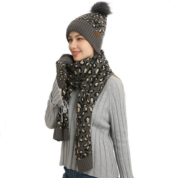 Gorro de punto con estampado de leopardo para invierno, bufanda larga y guantes para pantalla táctil, gorro grueso y cálido de tres piezas