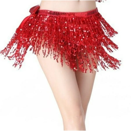 - Fashion Women Sequin Shiny Clubwear Party Mini Skirts Dance Bling Fringe Dress Tassel Wrap Skirts Red