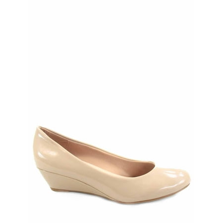 

Fisher-8 Women s Slip On Patent Round Toe Low Wedge Heel Pump Shoes ( Beige 5.5)