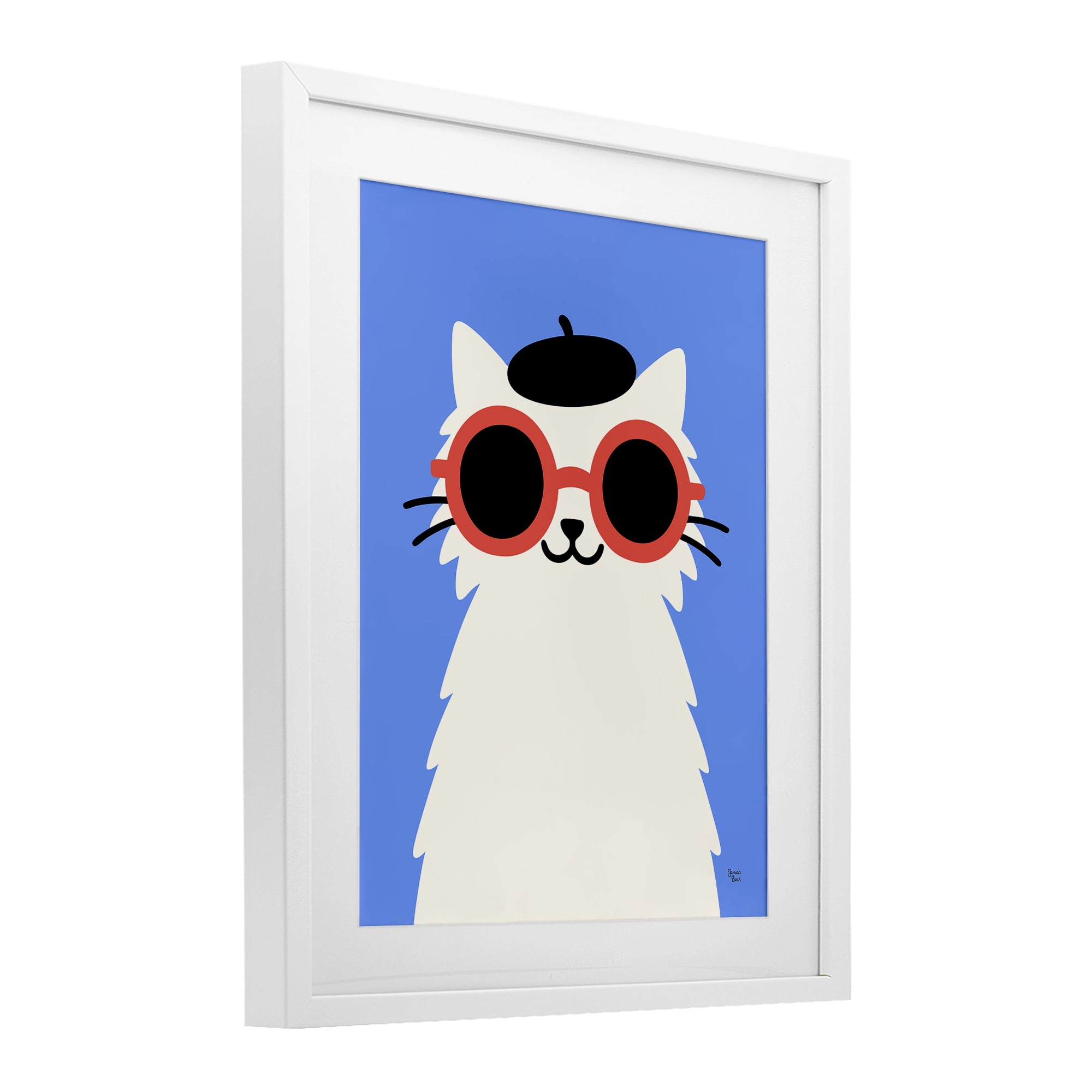 Stylish French Cat White Framed Print Under Glass, design by Jessica Beck